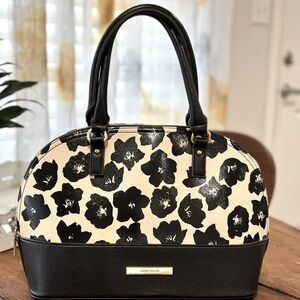 Anne Klein purse blk + cream floral design w/hot pink int 15” L x 6.5” W x 10” H
